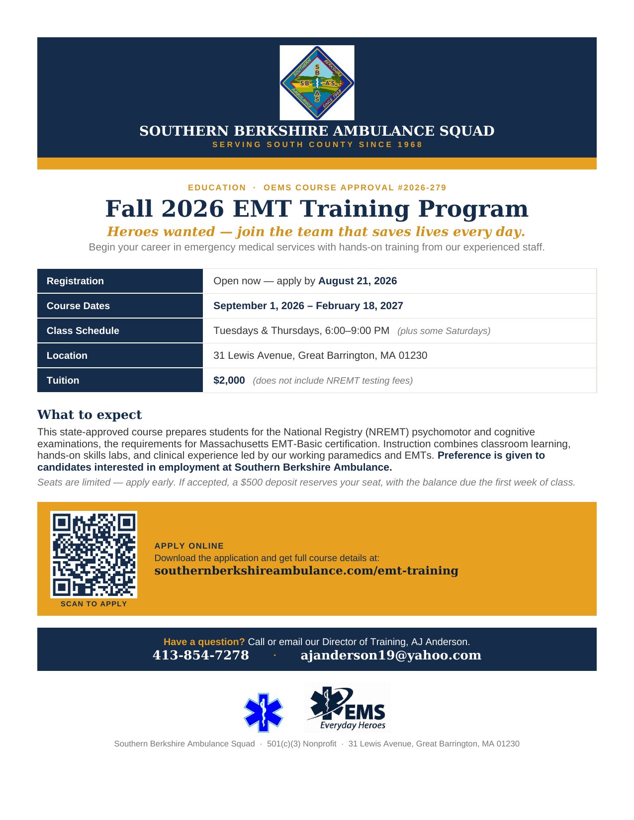 Fall 2026 EMT Training Program flyer