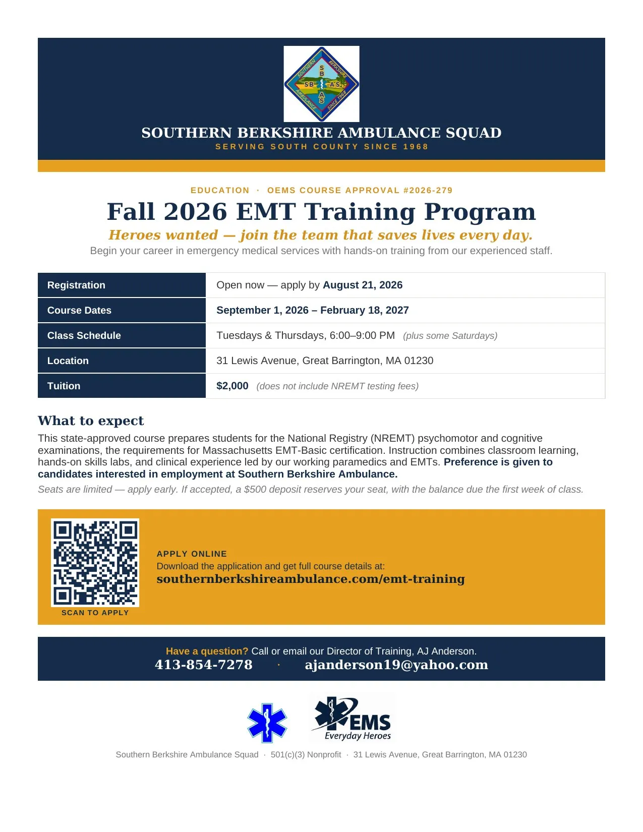 Fall 2026 EMT Training Program flyer